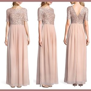 NEW $249 Adrianna‎ Papell Beaded Bodice Georgette Gown English Rose [SZ 14 ]